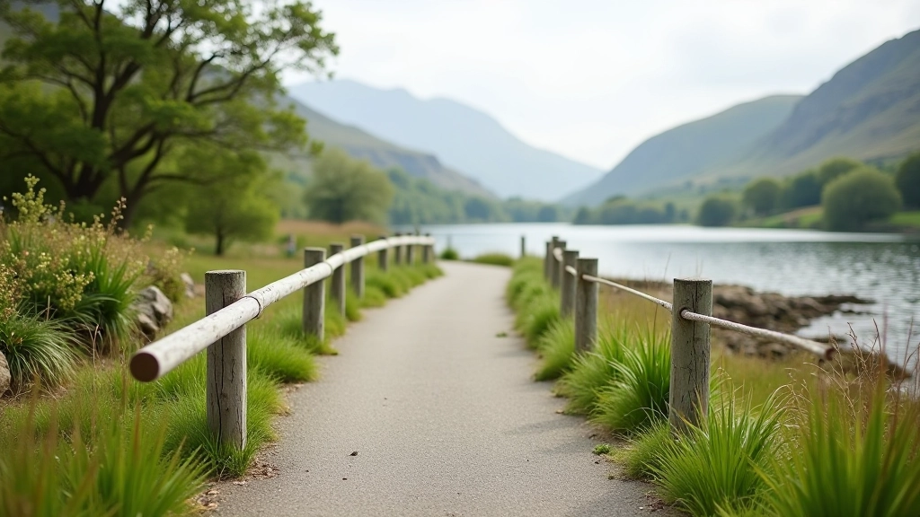 Accessible walking path with handrail along lakeshore in natural park setting