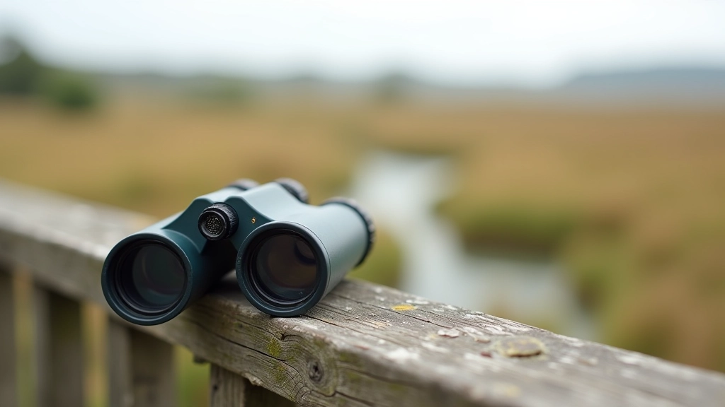 Binoculars resting on wooden observation deck overlooking wetland marsh area with bird activity