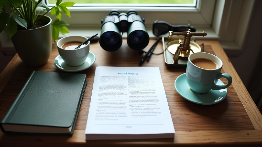 Birdwatching equipment laid out on a wooden table including binoculars, field guide book, and notebook with pen