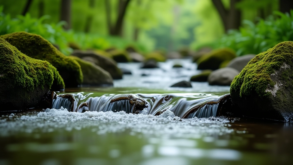 A serene forest stream with clear water flowing over smooth stones, surrounded by green vegetation and moss-covered banks