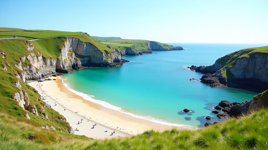 Sandy beach cove surrounded by golden cliffs and green headlands with calm turquoise water