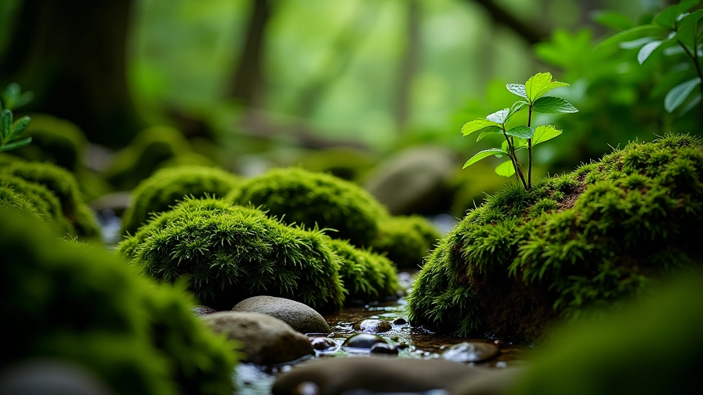 Close-up of moss-covered rocks and ferns in a shaded forest glen, showing the intricate textures and colors of woodland details