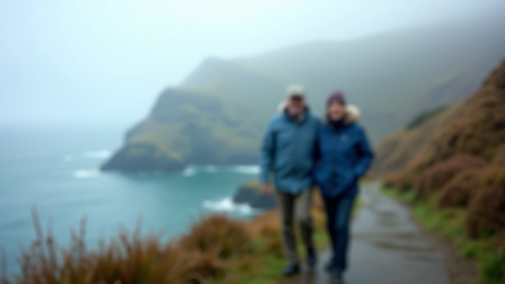 Person wearing blue jacket and hat walking along misty coastal path with sea cliffs in background