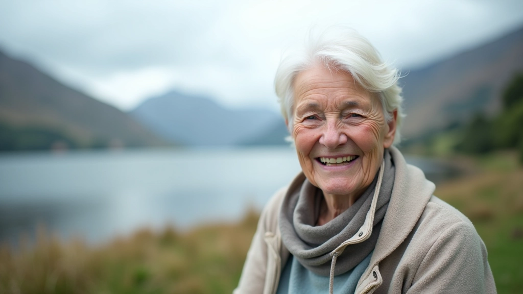 Serene senior enjoying lakeside views at Killarney National Park with calm waters and mountain backdrop