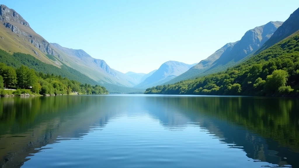 Scenic view of Muckross Lake in Killarney National Park with mountains reflected in calm water