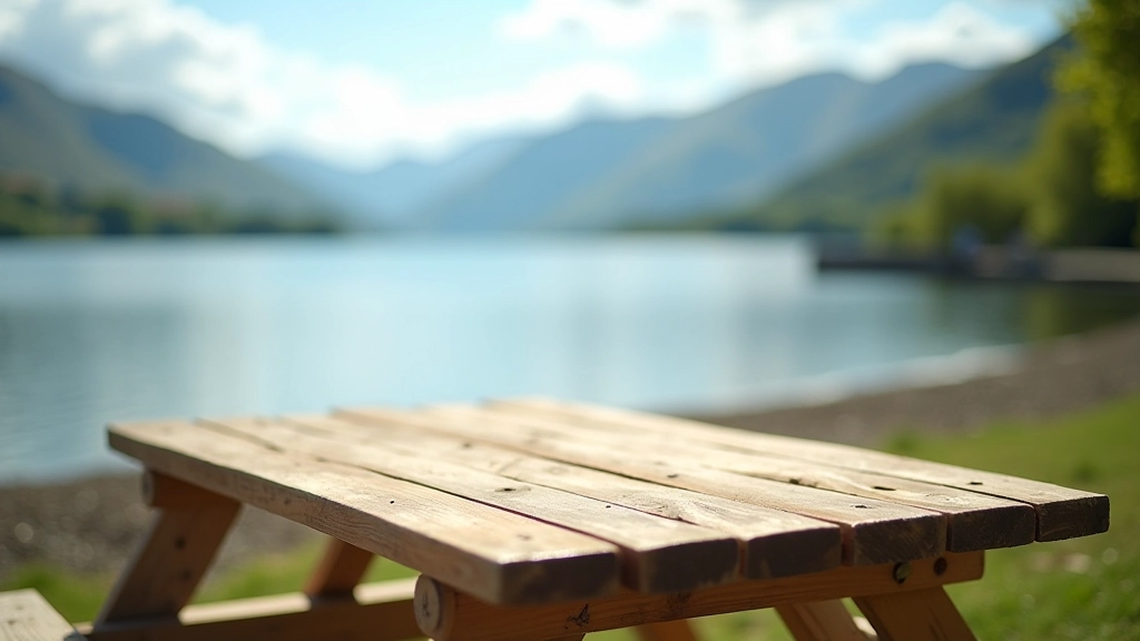 Wooden picnic table overlooking Muckross Lake with mountain backdrop and peaceful water