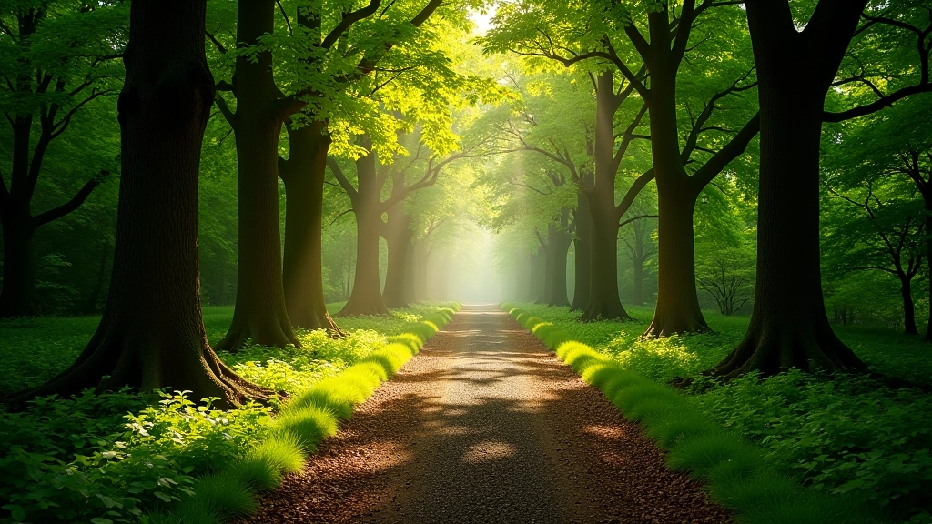 Forest path with ancient trees and dappled sunlight creating peaceful woodland atmosphere